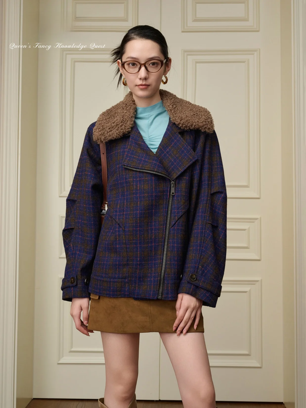 

Шерстяное пальто Venice Retro Sle с хлопковым верблюжьим меховым воротником, оранжево-синяя клетчатая женская верхняя одежда