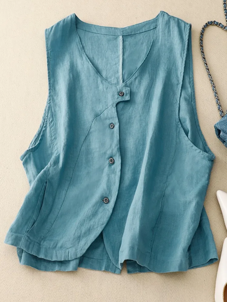 Damska lniana kamizelka na lato, kolorowa odzież wierzchnia, do pracy, do noszenia warstwowo, bawełniano-lniana kurtka, dekolt w serek, zapinana na jeden guzik.