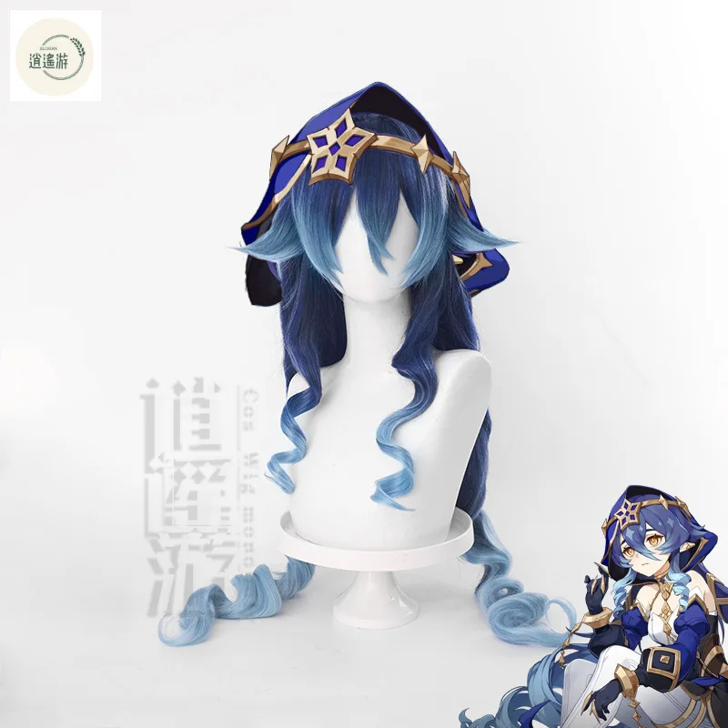 Peluca de Anime Layla Cos Genshin Impact, pelo largo y rizado con degradado azul mezclado, pelo sintético resistente al calor, peluca de Cosplay y gorro