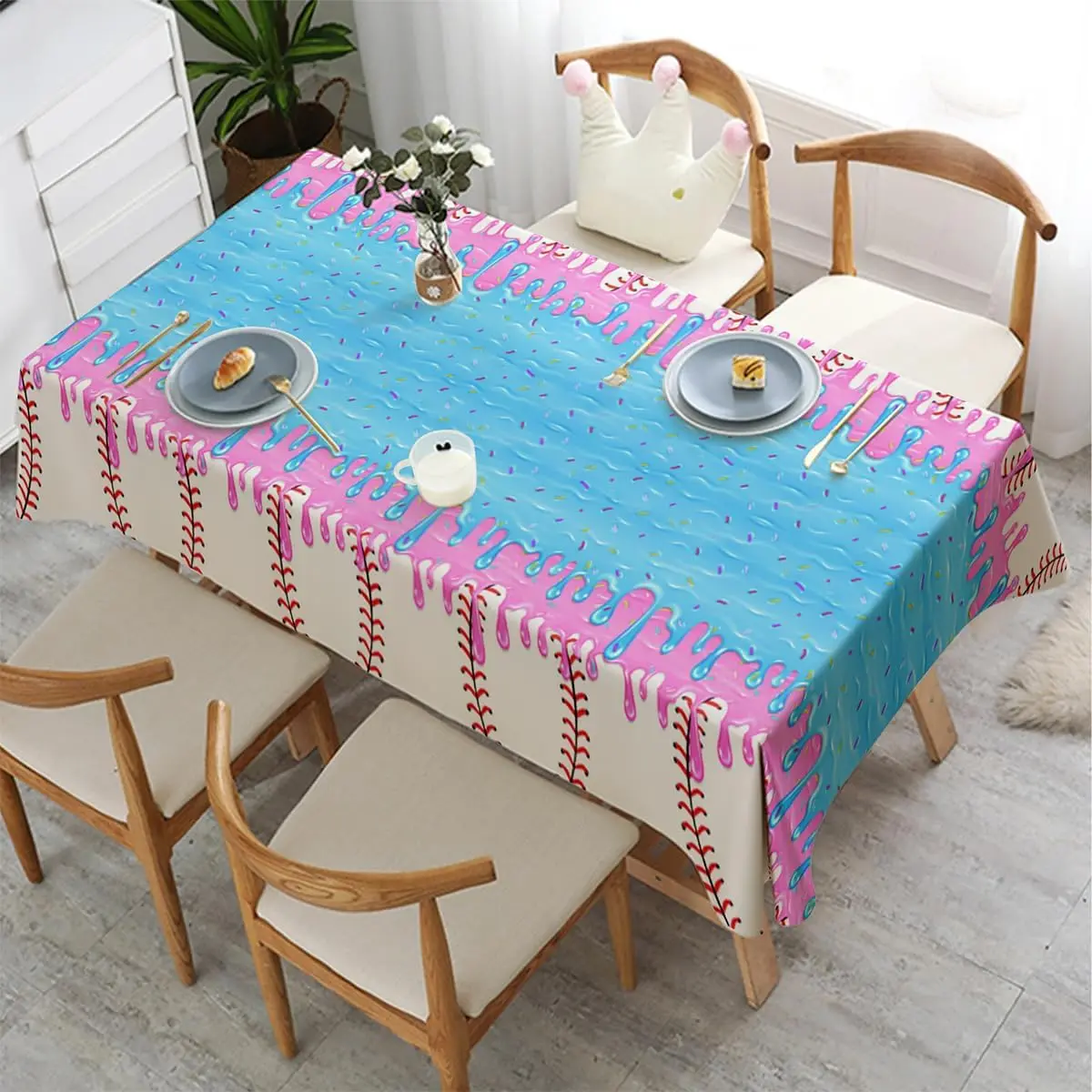Baseball Ice Cream Drip Tablecloth  Pink Blue Ice Cream Drip Plastic Tablecover for Summer Baseball Themed Party Decorations