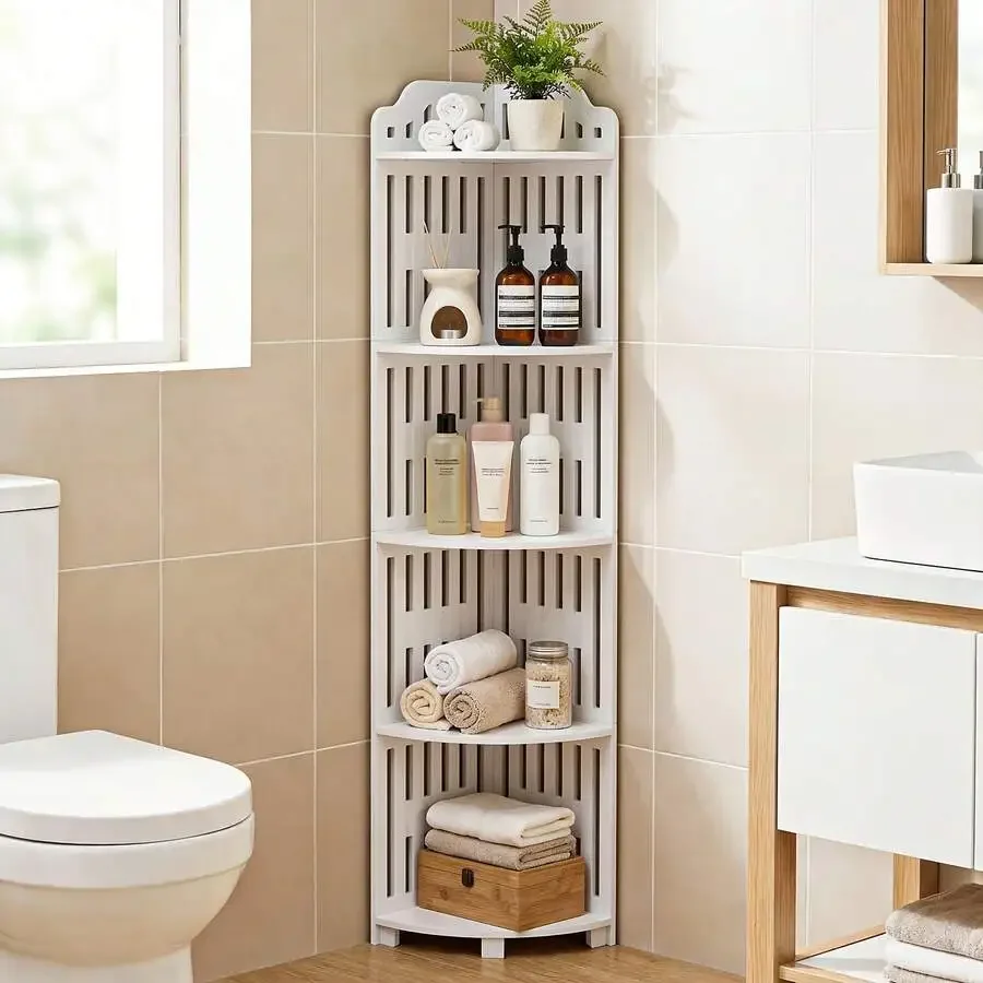 5-Tier 43.31 Inch Waterproof PVC Corner Storage Shelf, Scandinavian Style Organizer For Bathroom/Kitchen/Living Room – 30lbs Cap
