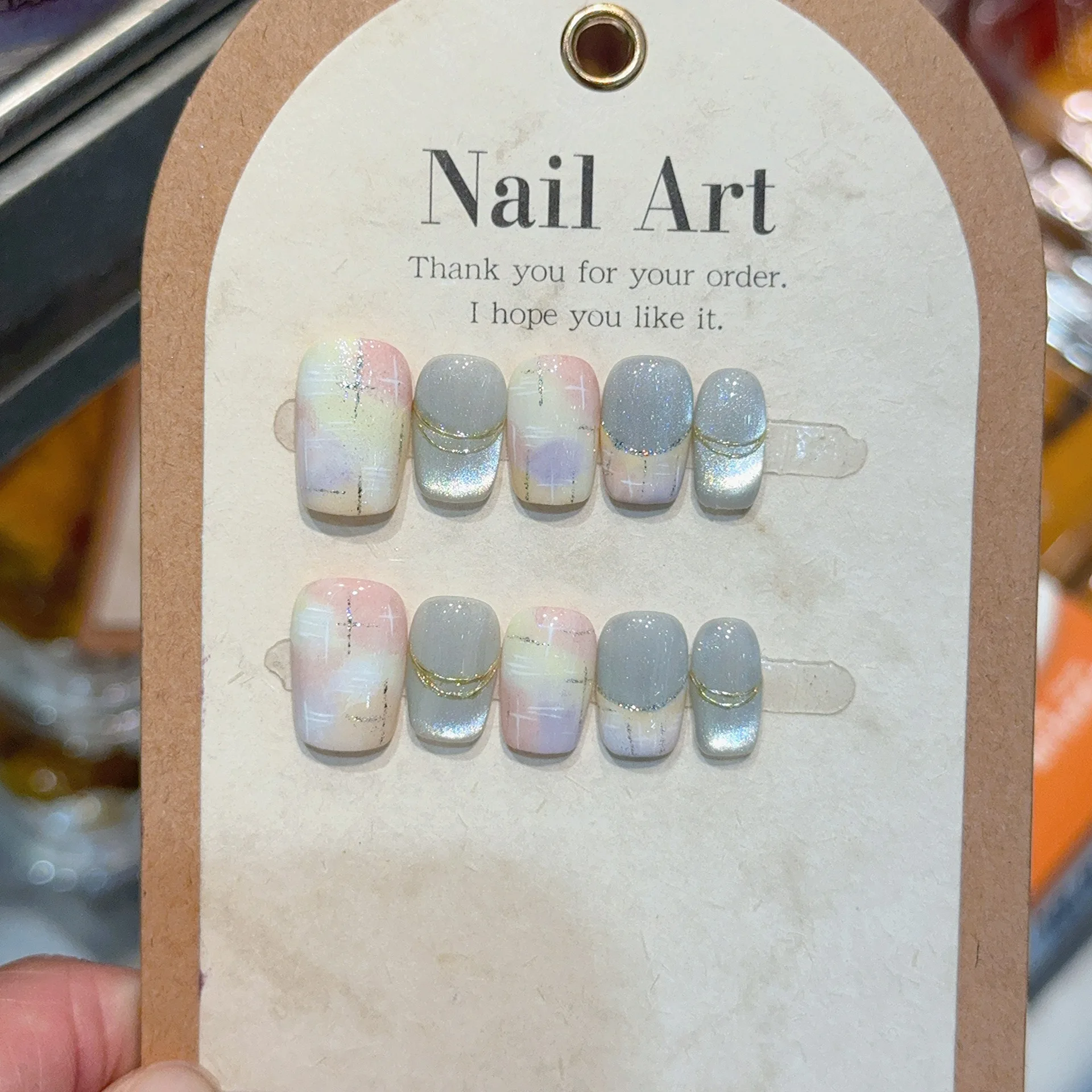 

10Pcs Short Square Head Handmade Fake Nails Smudge Cat's Eye French False Nails Press on Reusable Finished Full Cover Nails Tips