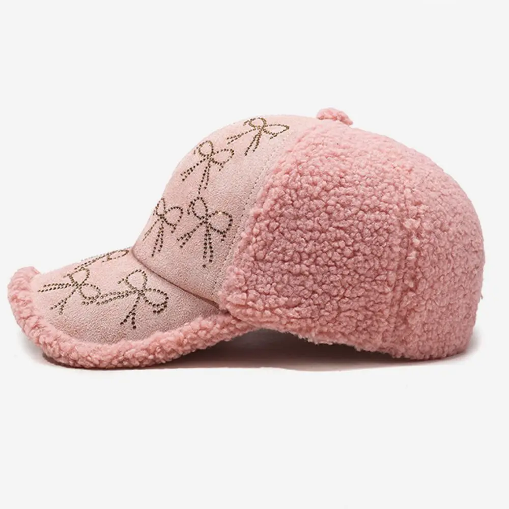 Fashion Adjustable Women's Hats Lamb Wool Warm Baseball Caps with Hot Pressed Diamond Bow Pattern Snapback Cap for Women