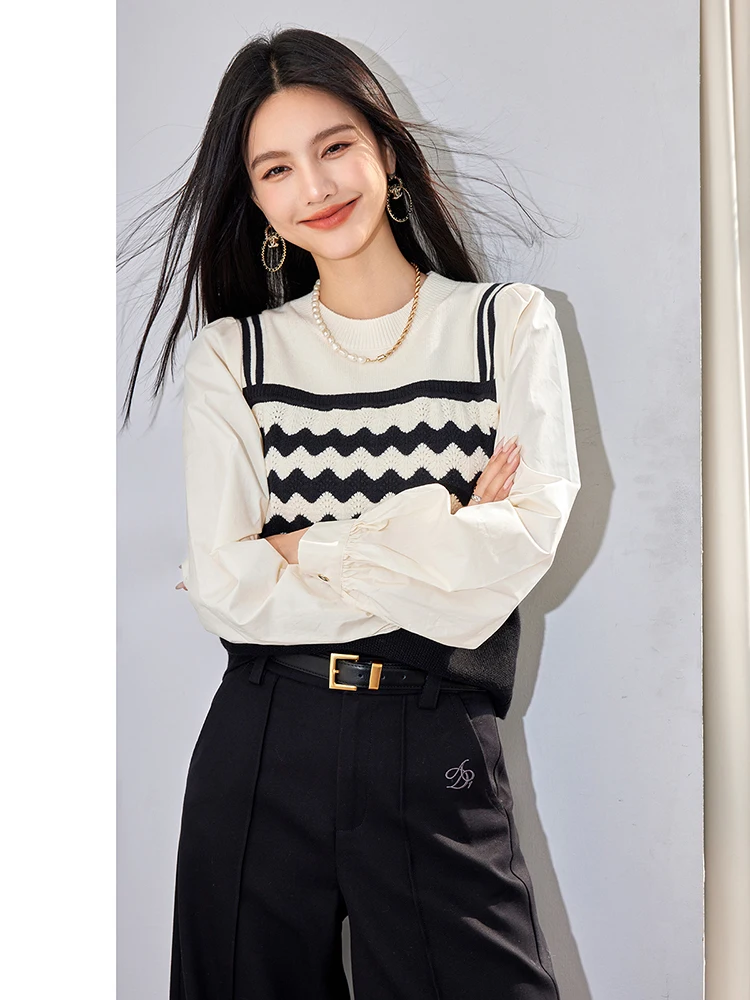 Fake Two-Piece Tops for Women 2024 Autumn New Knitted Vest Spliced Shirt College Style Temperament Long Sleeved Tops