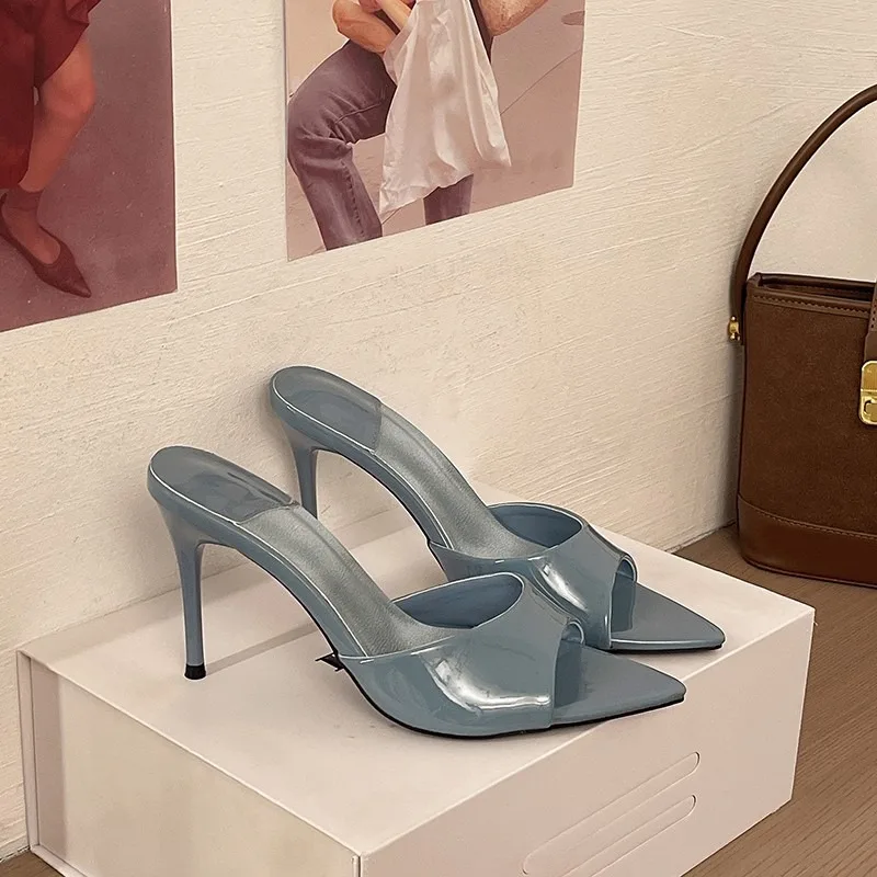 Women's Blue Mules Open Toe High Heel Shoes Pointed Open Toe Thin High Heels Pull on Shoes Sandals Summer Party Modern Slippers