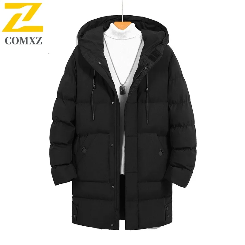 

COMXZ 2025 Мужская зимняя теплая белая куртка на утином пуху средней длины, уличное пуховое водонепроницаемое и ветрозащитное пальто с капюшоном в американском стиле