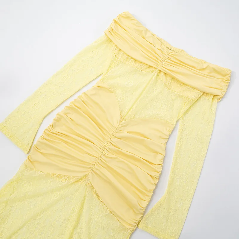 DSMTRC Women Fashion Lace Mesh Sheer Robe Off-shoulder Long Sleeve Sexy Maxi Dress Strapless Backless Bodycon Club Party Dresses