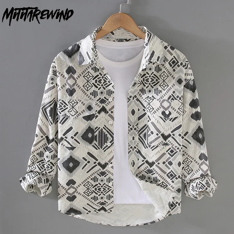 

Spring Summer Mens Printed Shirt Long Sleeve Japanese Fashion Streetwear Double Pocket Square Pure Cotton Top Casual Shirts Male