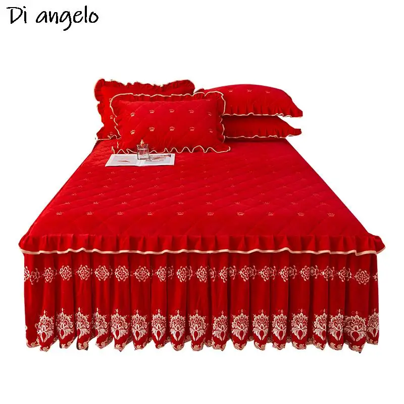 Red Thickened Quilting Bed Skirt, Embroidery, Cotton, Lace Bedspread, Pillowcase, Mattress Cover, Double King, Queen, #/#