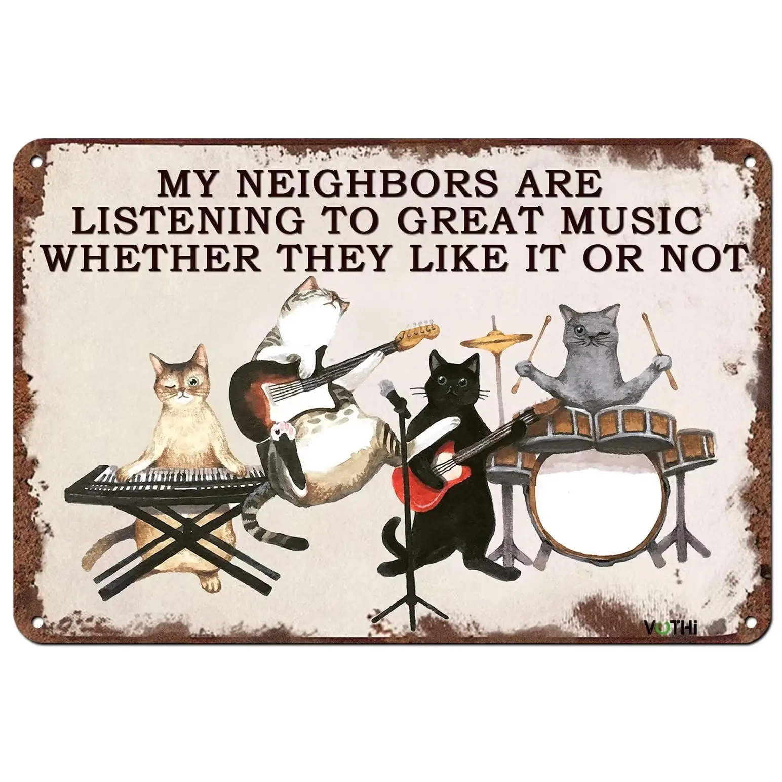 VOTHI Funny Cat Signs Home Decor,My Neighbors Are Listening To Great Music,Cat Music Plaque Retro Cat Vintage Metal Wall Poster