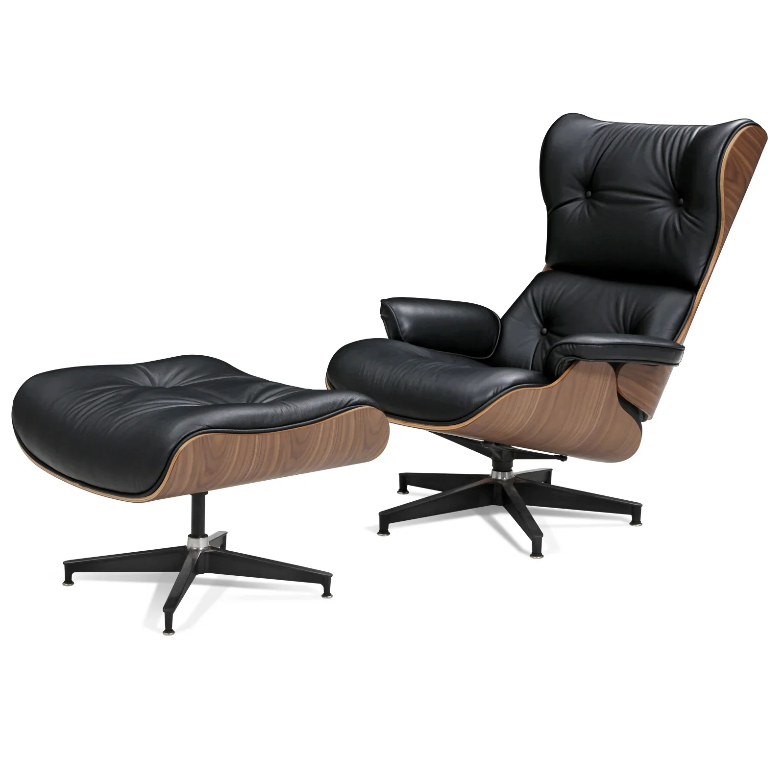 

38 Inch Height Mid-century Modern Lounge chair With ottoman genuine leather Walnut Black Upgrade