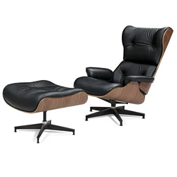 38 Inch Height Mid-century Modern Lounge chair With ottoman genuine leather Walnut Black Upgrade