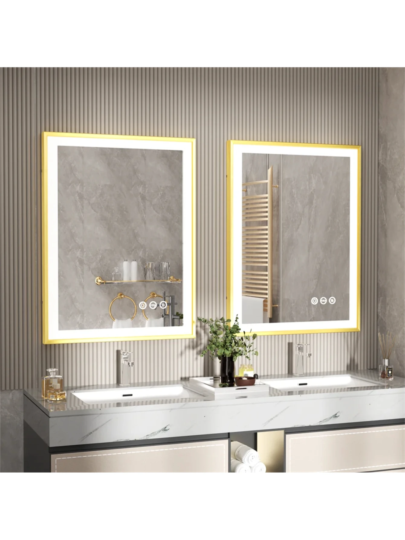 Gold Frame Wall LUVODI Illuminated Bathroom Mirror  Mounted Bathroom Vanity Mirror with LED Lights 3 Color Dimming Defog
