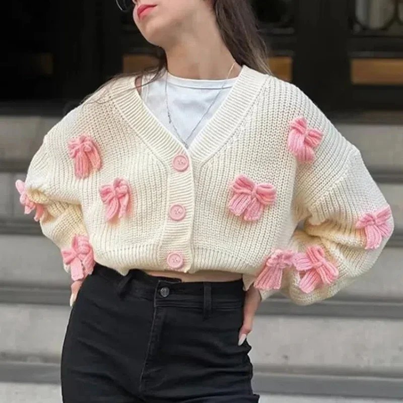 Bows Sweater Cardigan For Women V Neck Long Sleeve Autumn Winter Knitted Short Cardigan Lazy Single Breasted Chic Fashion