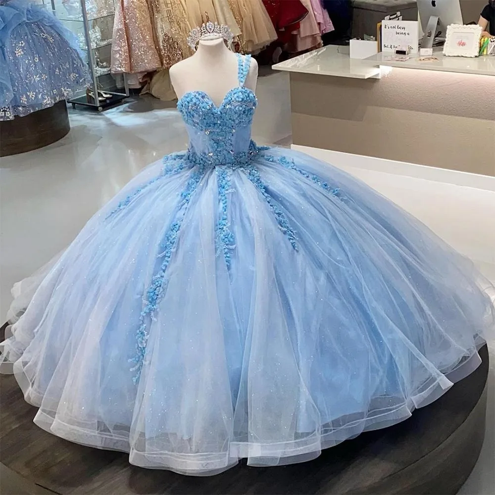 Sevintage Blue Ball Gown Quinceanera Dresses 15 Party Formal 3D Flowers Lace Applique Beading Princess Cinderella Birthday Gowns