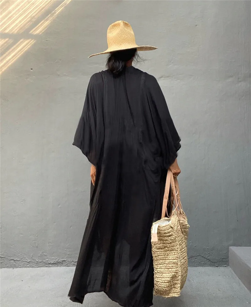 Loose Beach Kimono Cardigan Swimsuit Cover Up Kimono Women Embroidery Kimonos Floral Long Sleeve