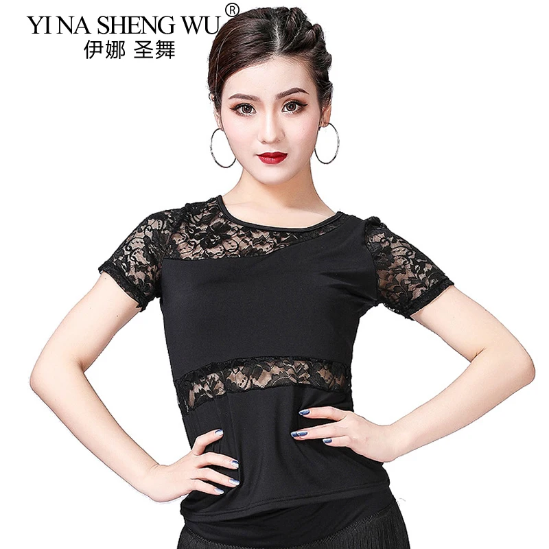 새로운 여성 라틴 댄스 레이스 탑 반팔 연습복 1Pc 스퀘어 댄스 현대 국가 표준 댄스 연습 의류