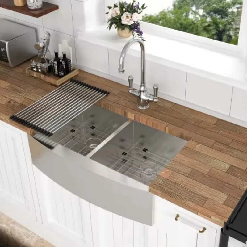 

ATVAmerican Style Stainless Steel 304 Apron Front Double Bowl Farm Kitchen Sink Handmade Ceramic With Accessories And Strainer