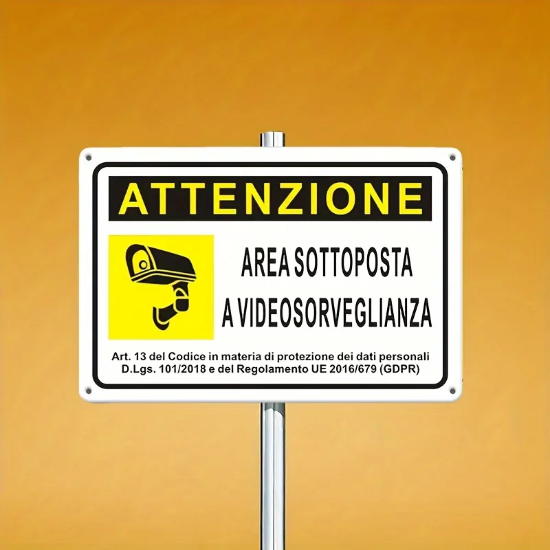 Retro-Style Reflective Video Monitoring Metal Sign - Wall-Installed, 20.32X30.48 Cm, Bilingual English & Italian, Perfect for Ho