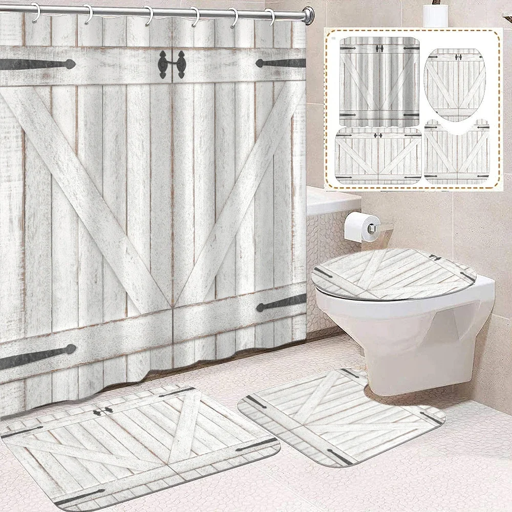 1 set of beige wood grain printed shower curtains, rustic farmhouse style, with 12 hooks and bathroom floor mats