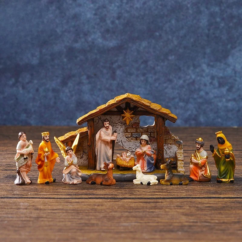 3.5cm Christmas Nativity Stable Set with House, Gold Resin Craft Ornament Gift Box for Home Decor, New Arrival