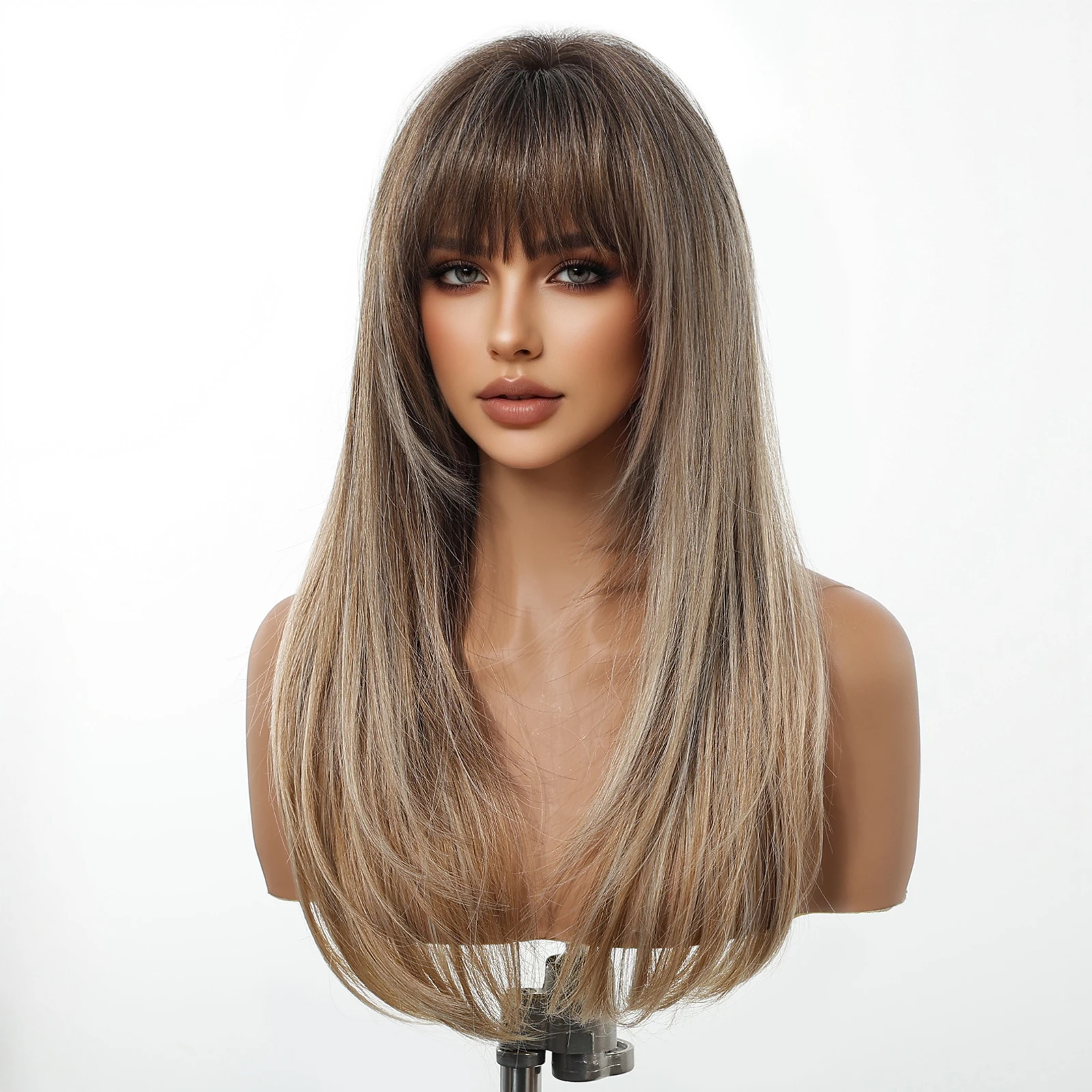 HENRY MARGU Коричневый натуральный многослойный синтетический парик с челкой Длинный прямой повседневный парик для женщин Термостойкие искусственные волосы для вечеринок