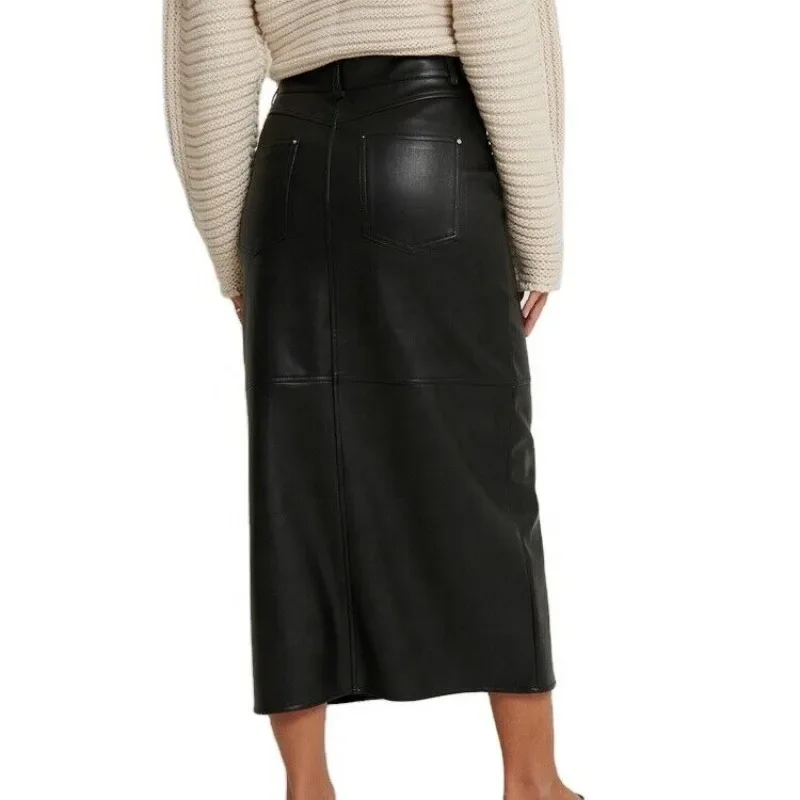 Women's Authentic Sheepskin 100% Leather Skirt Black High-end Long Skirt European and American Fashion Trend