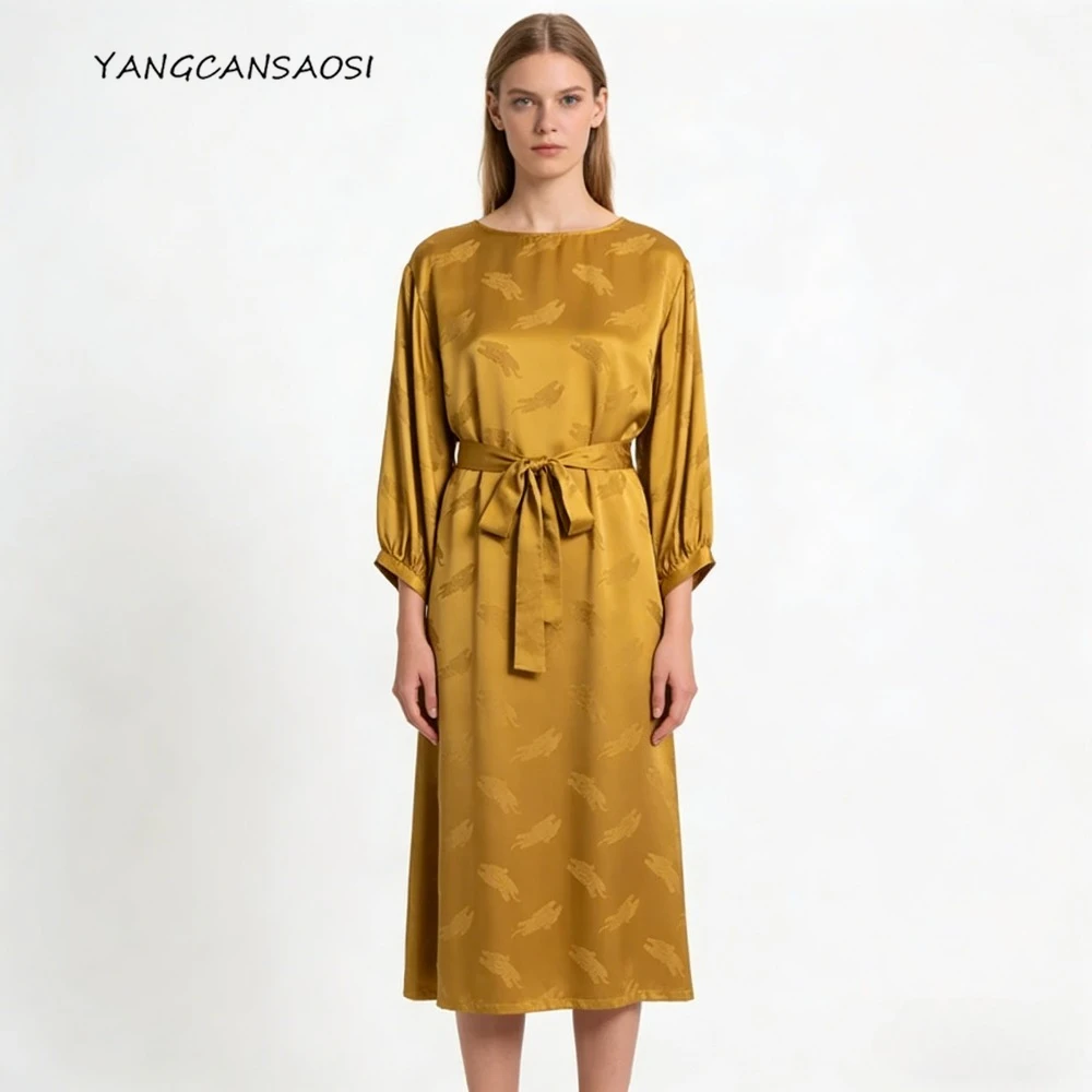 

Women's Spring New Brown Gold Cartoon Tiger 100% Natural Mulberry Silk Jacquard Satin Round Neck Lantern Long Sleeve Dress
