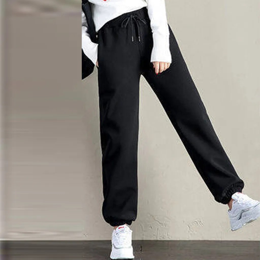 Women'S Plush Lined Velvet Thicken Long Pants Drawstring Elastic High Waist Solid Color Bloomers Winter Warm Comfy Sweatpants