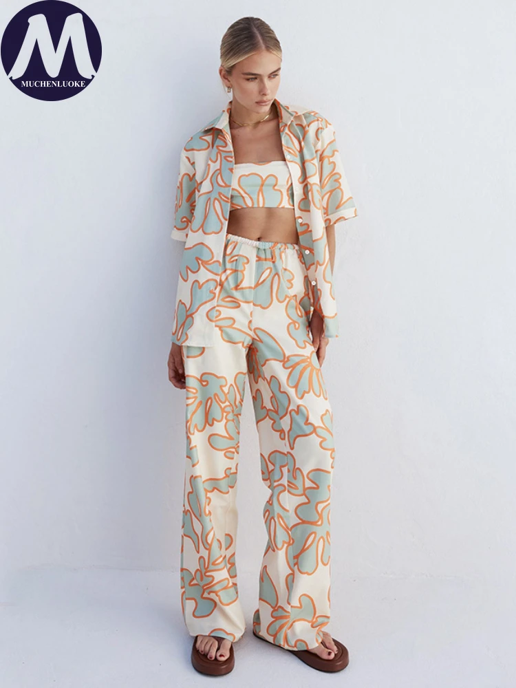 Half Sleeve Tops and Pants Set for Women, Casual Loose Suits, Wide Leg Pants, New Fashion Printing, Summer, 3 Pieces