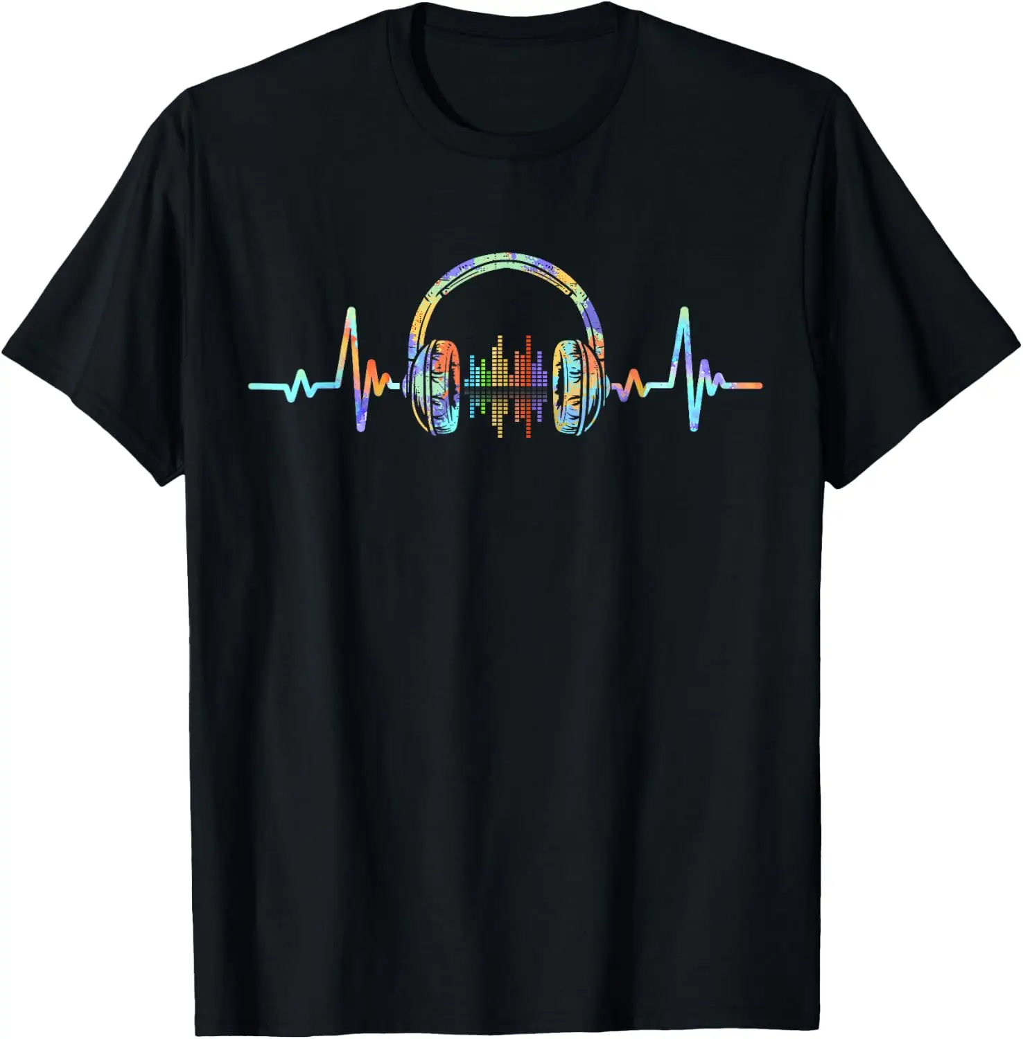 Men's Graphic Print T‑Shirt, Casual Short Sleeve Crew Neck Tees, Summer Daily Wear Soft Cotton Tops for Male. Heartbeat Headphone Tie Dye Sound Lover Engineer Producer DJ T-Shirt