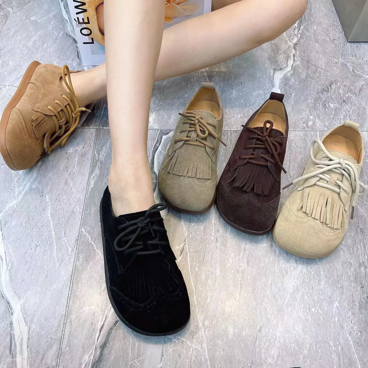 

Fashion Leather Women Shoes Casual Flat Shoes Plus Size Female Tassels Designer Shoes Antislip Autumn Mullers