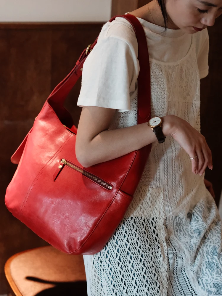 

handmade cowhide leather genuine leather women's tote bag weekend shopping shoulder bag fashion vintage large capacity handbag