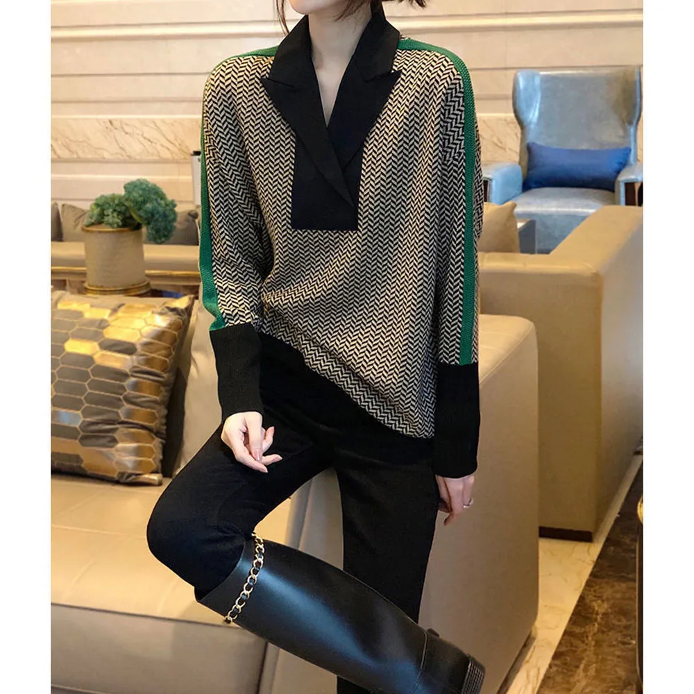 Long Sleeve V-Neck Spliced Casual Striped Sweaters Autumn Winter Fashion Women\'s Clothing Korean Loose All-match Knitted Jumpers