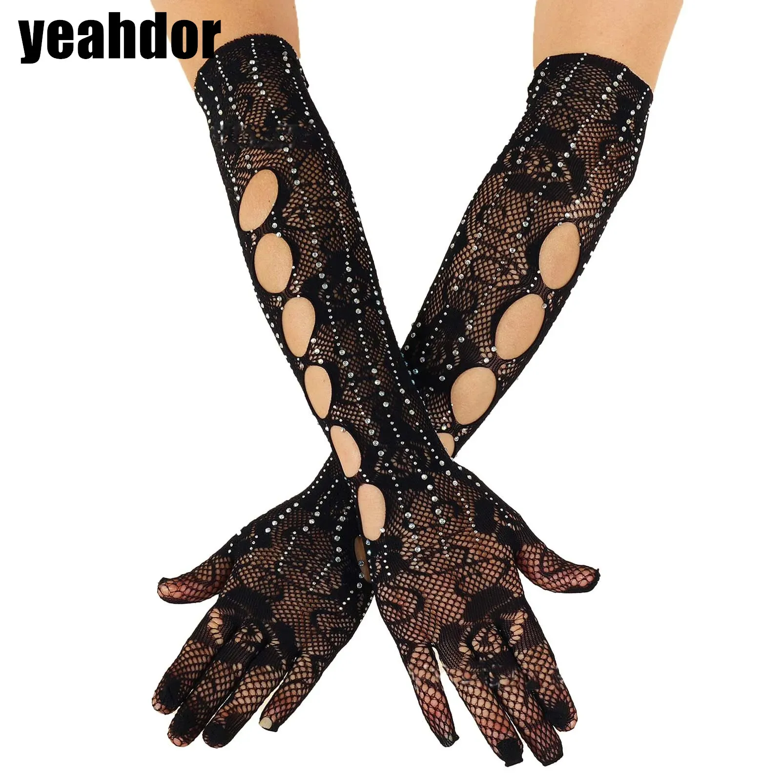 

Женские готические длинные перчатки с пятью пальцами перчатки из рыболовной сети Свадебные перчатки до локтя блестящие бриллианты