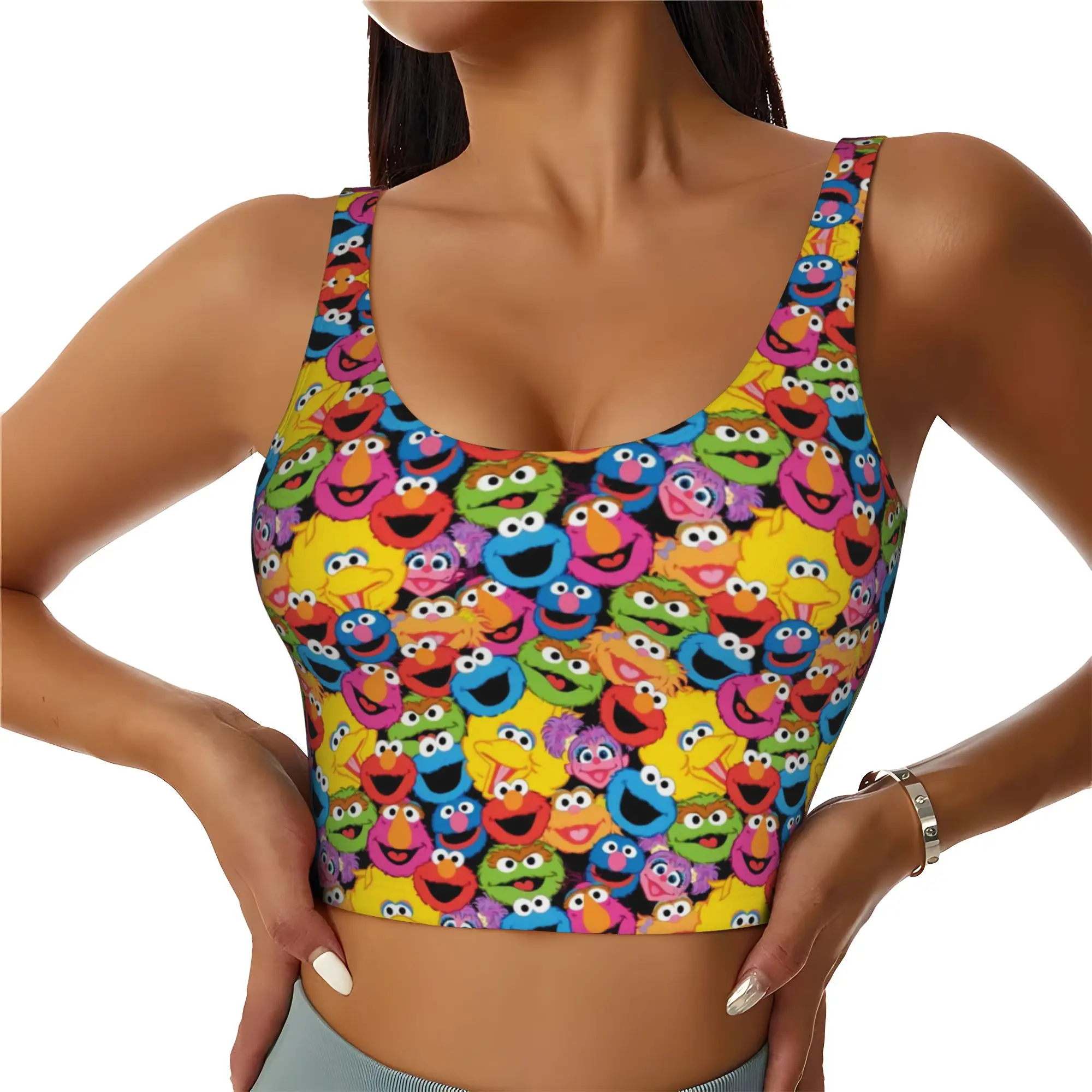 Custom High Impact Cookies Anime Monsters Sports Bra Women Elmo Cartoon Gym Workout Yoga Crop Top