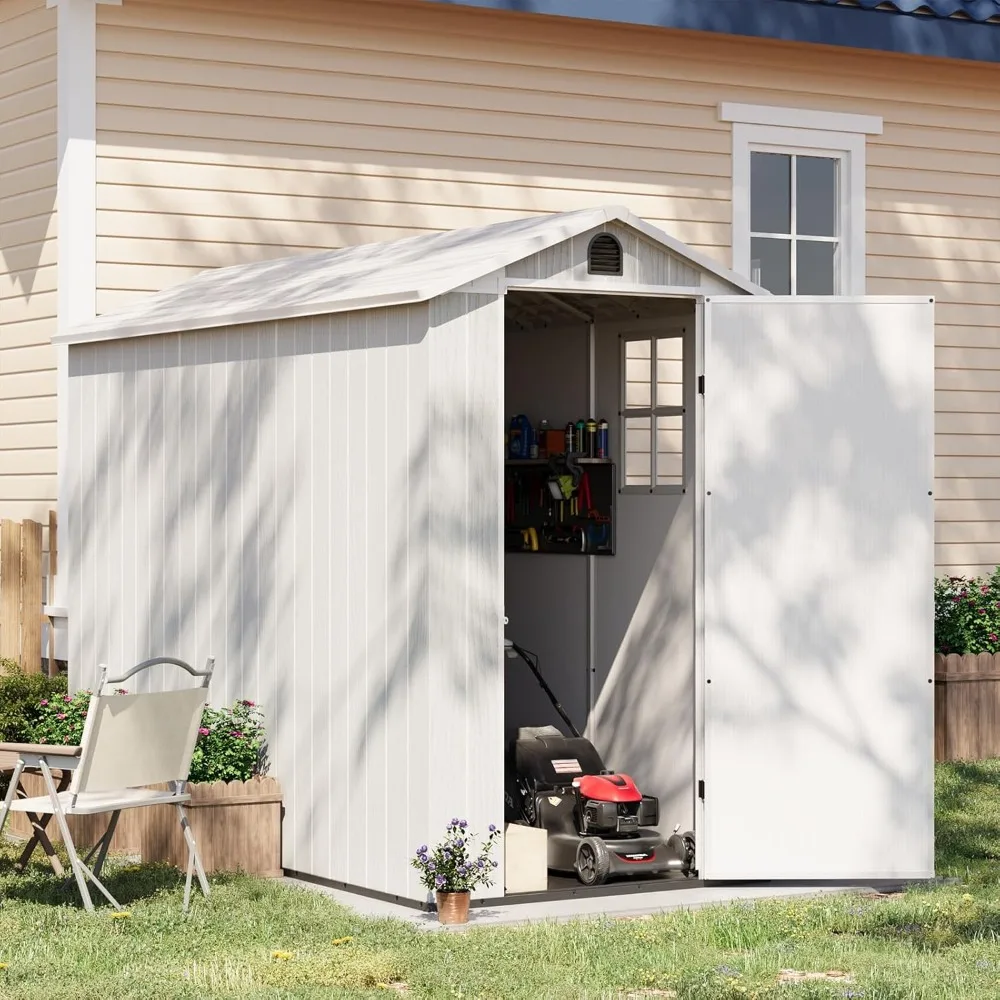 4' X 8' Outdoor Storage Shed with Floor, Plastic Sheds Outside Resin Tool Shed with Two Windows and Lockable Door for Backyard