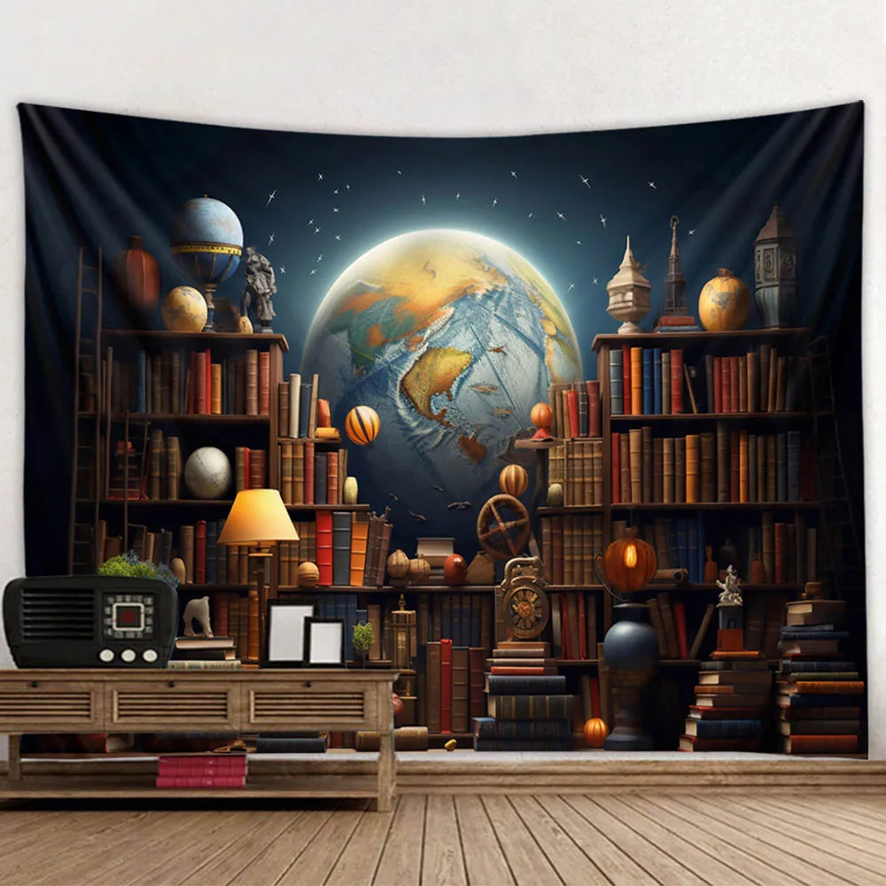 Retro Wall Mounted Dreamy Bookshelf Tapestry Multiple Sizes Aesthetic Art Background Fabric Home Decor