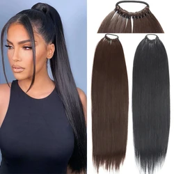 Synthetic Long Straight Ponytail Hair Extensions 24 Inch Black Brown Rubber Band Pony Tail Hairpiece For Women Daily Use