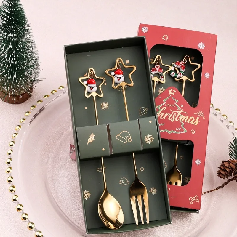 

2PCS Stainless Steel Coffee Spoon Creative Christmas Dessert Spoon Cake Fork Cartoon Elk Spoon Fork Gift Box