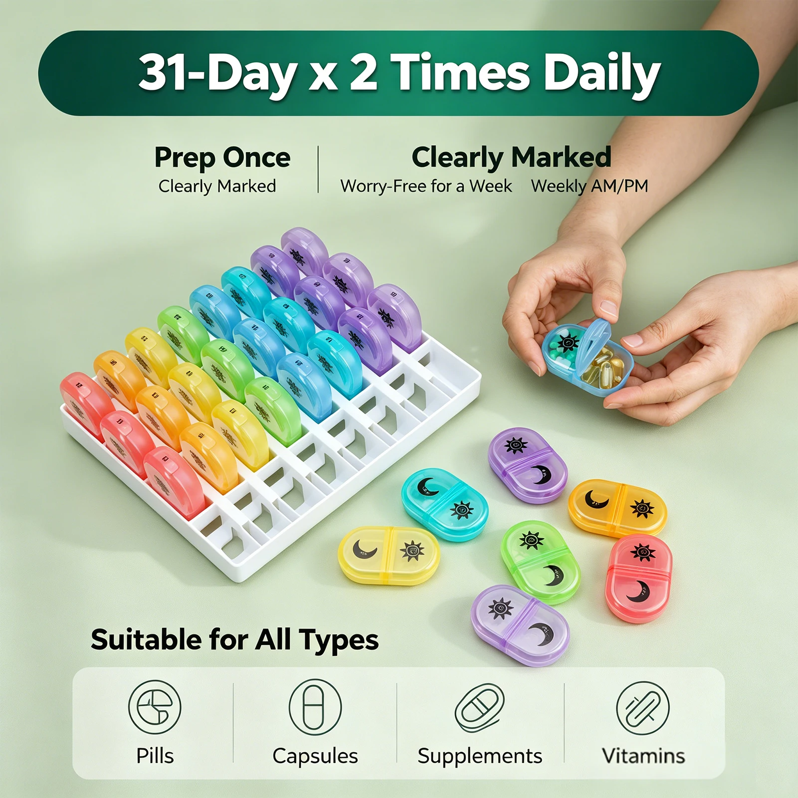 New Monthly Pill Organizer 2 Times a Day Portable Travel Pill Box Free 3-Day AM/PM Pill Case as Gift for Vitamin Fish Oils