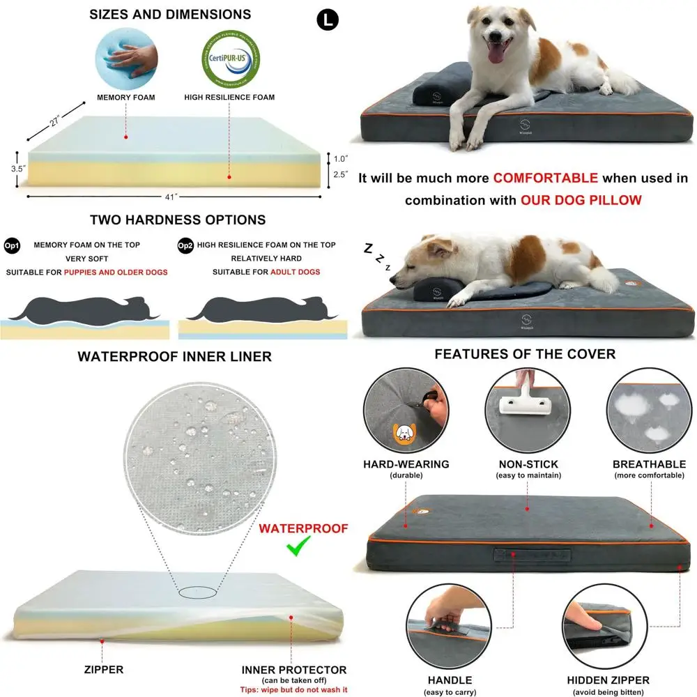 

Durable Orthopedic Dog Crate Bed, 41x27, Memory & HR Foam, Double-Sided, Soft & Firm Support, Waterproof Liner (Gray)
