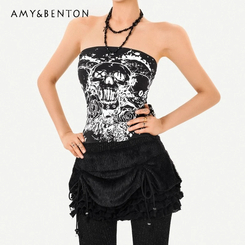 

Punk Dark Gothic Printed Women's Tube Top 2025 Autumn New Off-the-shoulder Slimming Hot Girl Short Sexy Versatile Vest Ladies