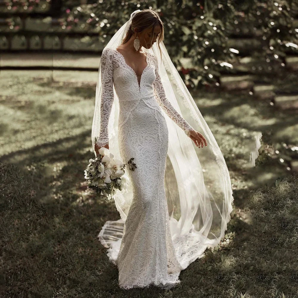 Abiti da sposa da donna di lusso squisiti Appliques di pizzo Sexy abiti da sposa a sirena maniche lunghe abiti da ballo di fidanzamento senza schienale 2024