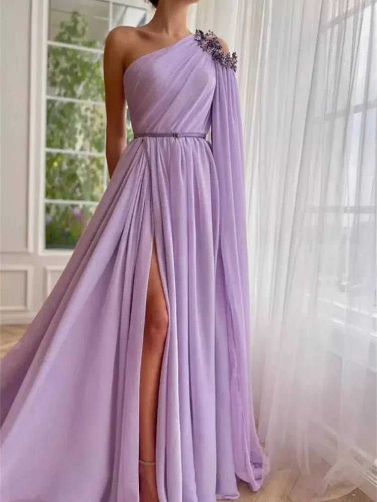 ที่กําหนดเองคุณภาพสูงริ้วรอยสูงเข็มขัดยาวหนึ่งไหล่สีม่วงซิป Robe Soiree Mariée Robe Soiree Mariée
