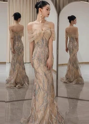 Champagne Shiny Mermaid Cocktail Dresses Luxury Strapless Off the Shoulder Floor Length High-end Party Host Evening Gowns New