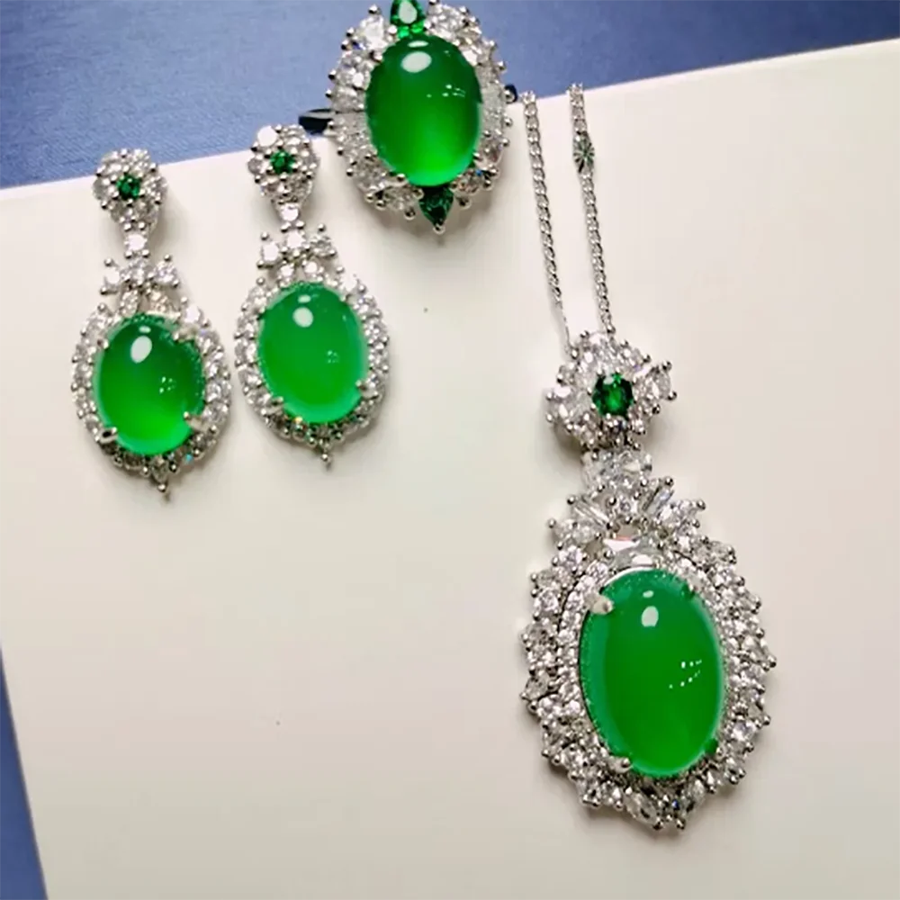 

Natural Jade Jewelry Set For Women Myanmar Jadeite With Zircon Emerald Oval Pendant Necklace Dangle Earrings And Green Jade Ring