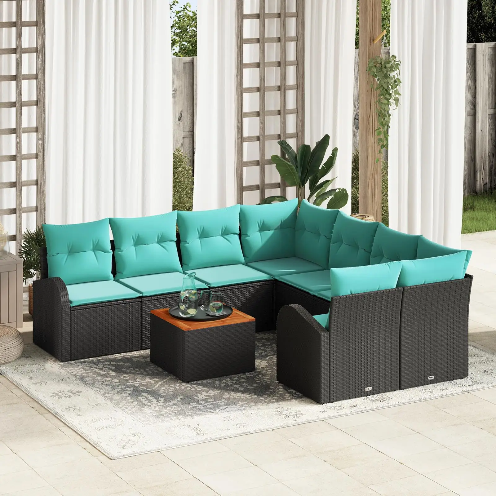 

Stylish 9 Piece Outdoor Sofa Set with Cushions Black Poly Rattan and Acacia Wood for Patio Garden Furniture