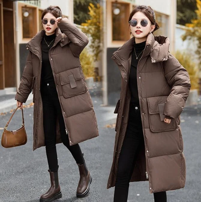 

Mid to Long Cotton Jacket Knee Length Winter New Thickened Warm Fashionable Loose Versatile Jacket Women's Solid Color