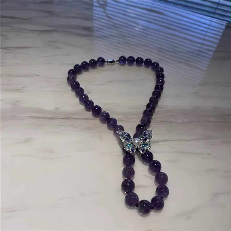 14mm AA+ Natural Round Purple Amethyst Quartz Stone Necklace With Butterfly Brooch